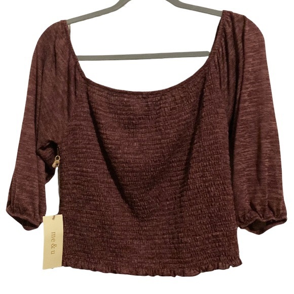 Hacci Smocked Square Neck Crop Top Blouse Wine Burgundy XL 2X 3X - Picture 7 of 15